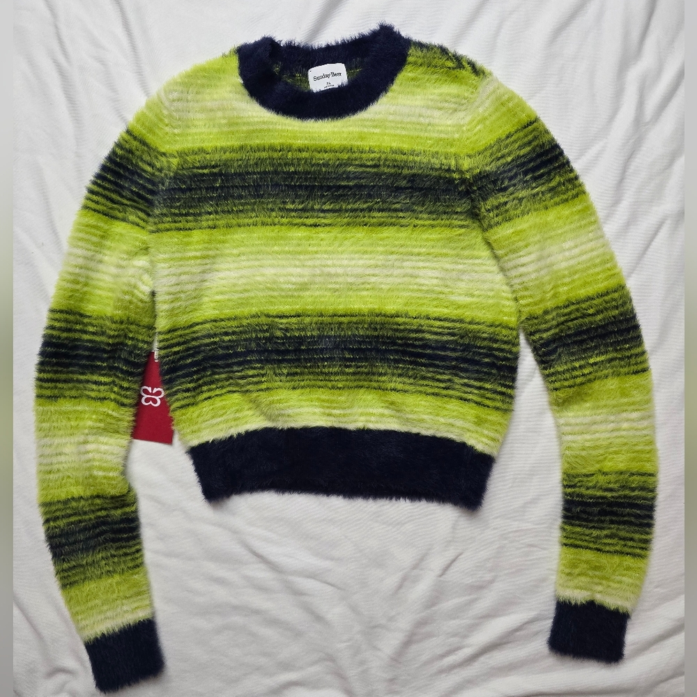 Sunday Best Aritzia Cozy Striped Sweater in Neon Green and Navy Blue XS